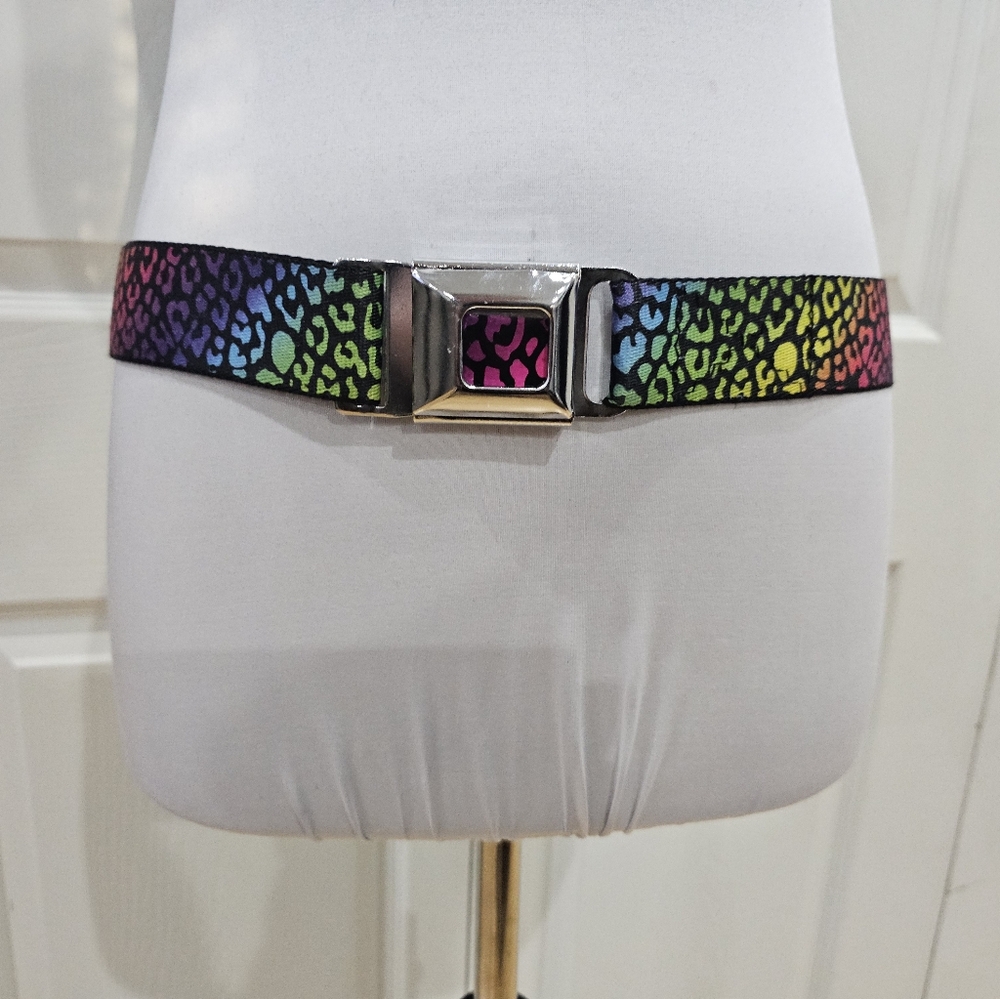 Vintage Y2K Hot Topic Punk Rainbow Pride Animal Print Seatbelt Buckle Belt OS